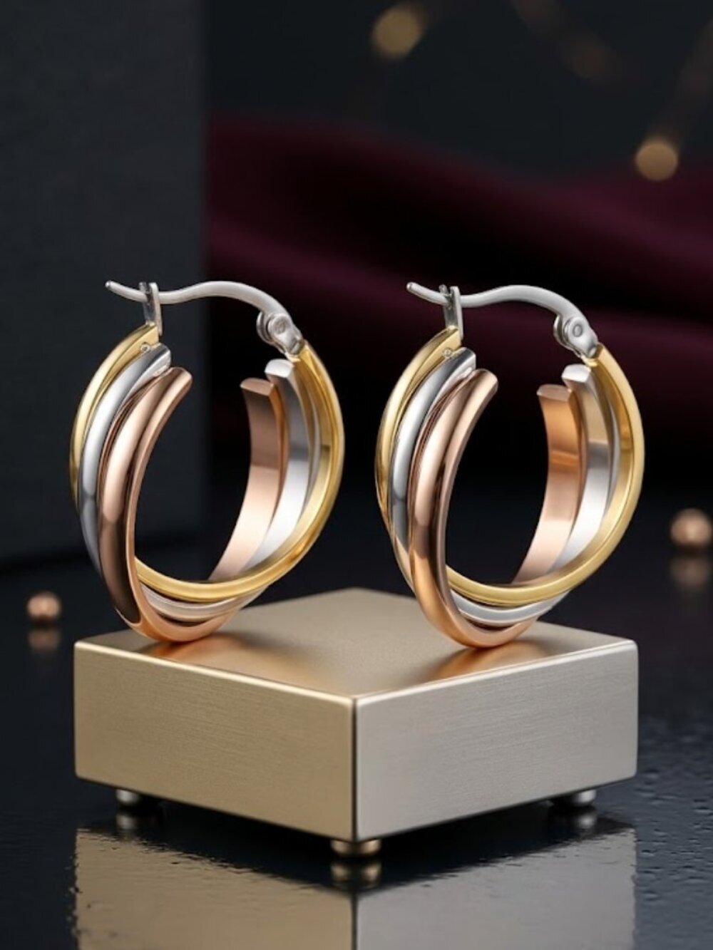 18K Gold Plated Tri Color Old Money Triple Hoop Earrings Rose Gold Silver 1"